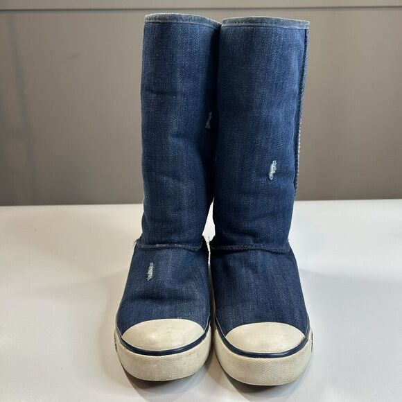 Ugg Boots Womens 5.5 Delaine Distressed Denim Tall Shearling Lined Winter Rare - Picture 3 of 7